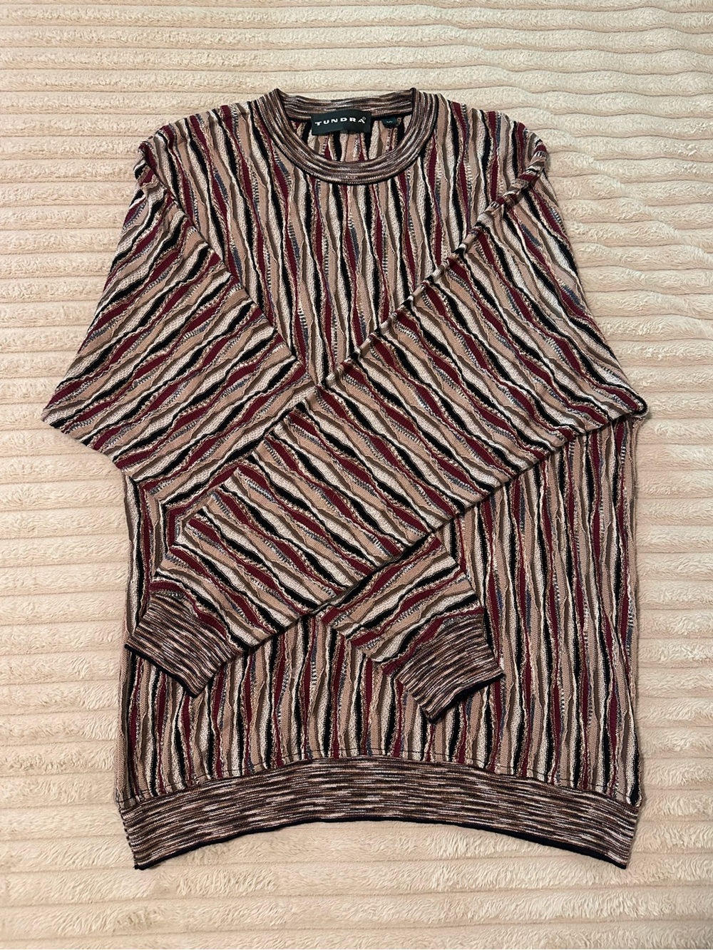 Tundra Men's Multi-Stripe Crewneck Sweater in Beige, Plum and Black